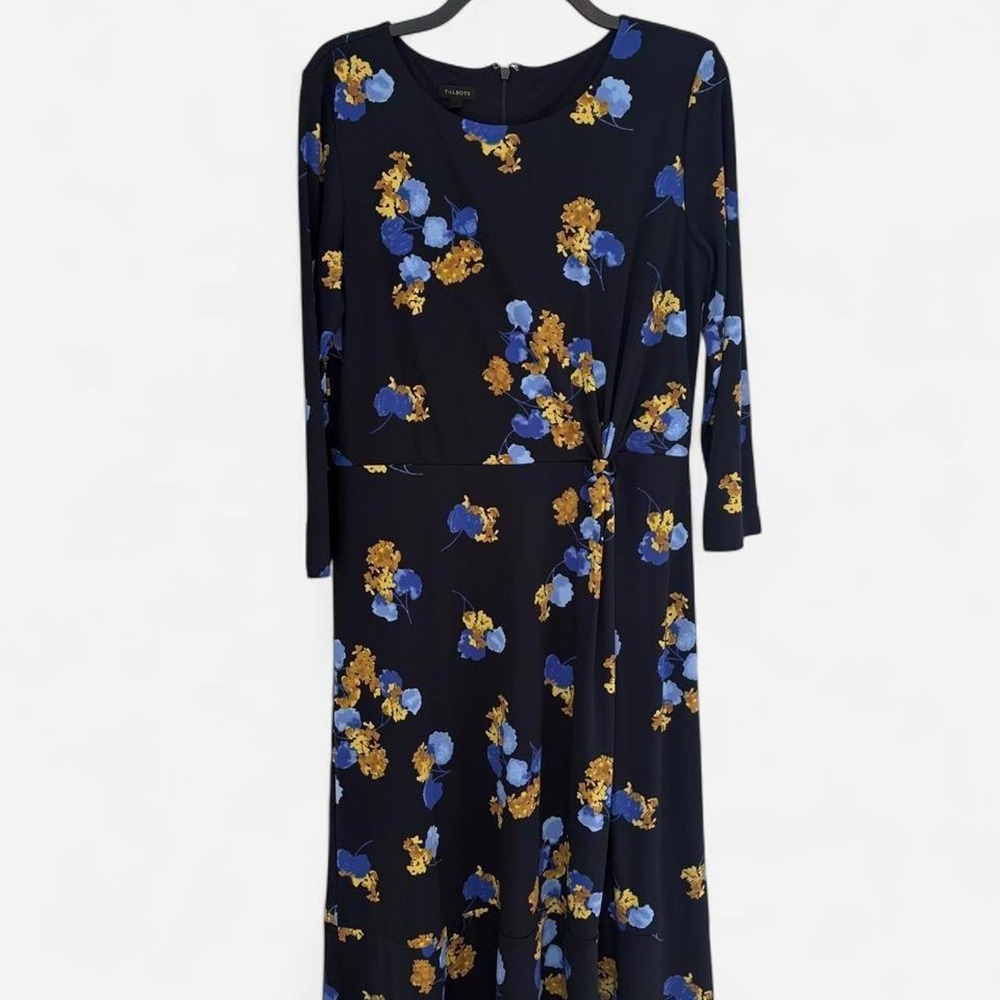 Talbots Dress Size 14 Navy Floral Midi Dress Blue Gold Long Sleeve Tie Waist